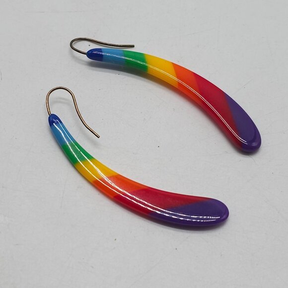 Rainbow Colored Resin Crescent Drop Earrings With Gold Tone Hooks LGBT+ - Picture 2 of 4